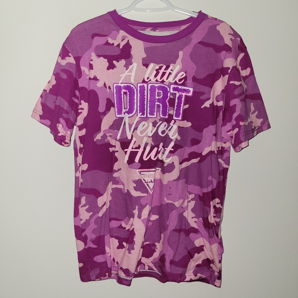 Monster Jam A Little Dirt Never Hurt Camo T-Shirt Women's Size Medium‎